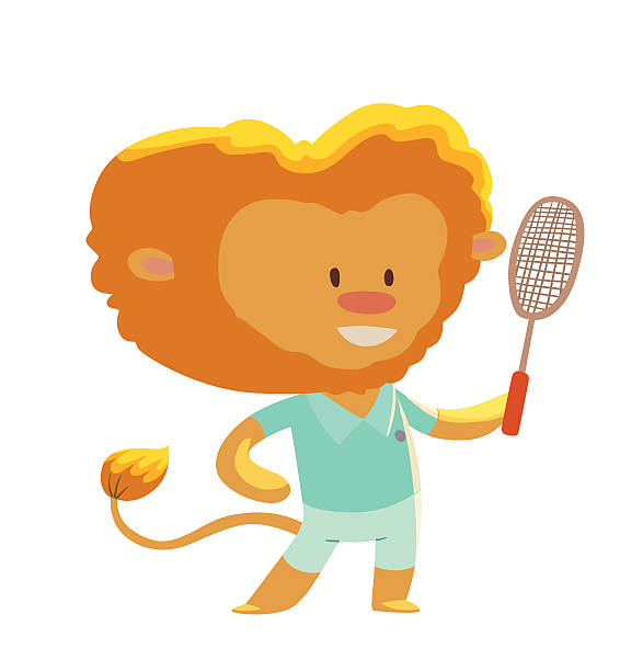 ilustrações de stock, clip art, desenhos animados e ícones de cute little yellow-orange lion - schoolboy - tennis teenager little boys playing