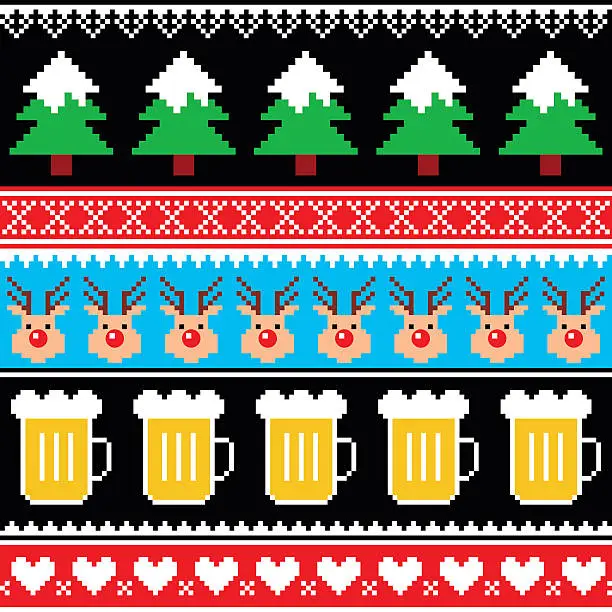 Vector illustration of Christmas jumper or sweater seamless pattern with beer, reindeer