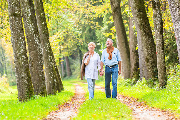 istock Senior couple having leisure walk in woods 577650366
