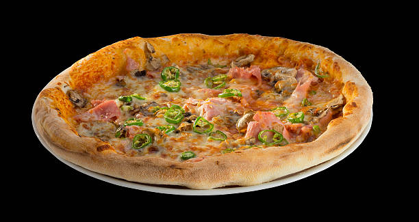 istock Delicious pizza with Ham, Mushroom and green pepper 577651190