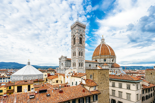 Florence's cathedral and baptistery from elevated point of view.