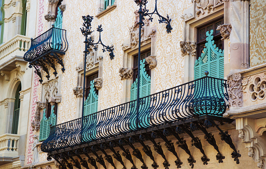 Barcelona, Spain - August 14, 2011: Balcony of Casa Amatller in Modernisme style in the block of Discord in the Eixample district of Barcelona, Spain. It was designed by Josep Puig i Cadafalch
