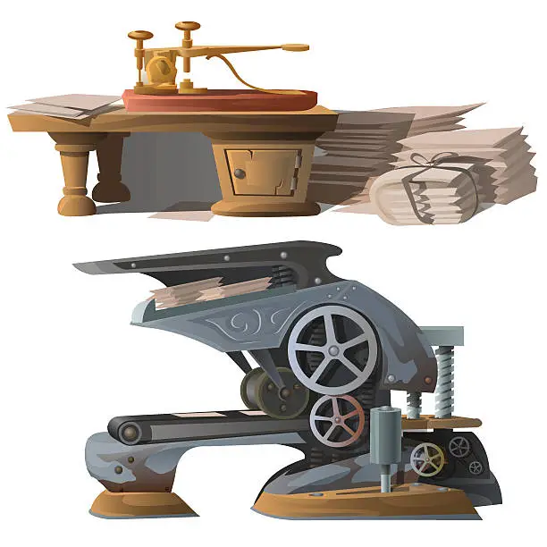 Vector illustration of Old equipment for printing Newspapers and press