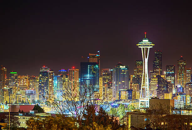 business downtown seattle paesaggio urbano di notte - seattle night skyline architecture and buildings foto e immagini stock