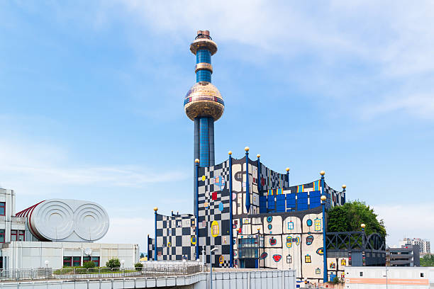 Spittelau plans by Hundertwasser in Vienna Vienna, Austria - May 27, 2016: Spittelau waste incineration and district heating plant by Hundertwasser, Vienna, Austria hundertwasser haus in vienna austria stock pictures, royalty-free photos & images