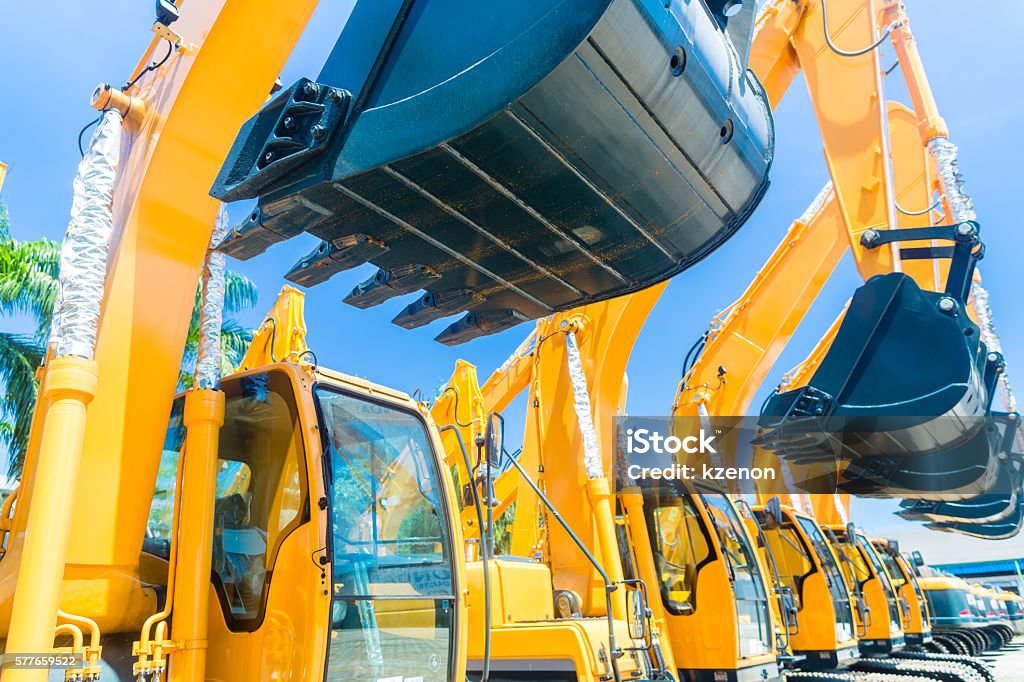Shovel excavator on Asian machinery  rental company Asian Vehicle fleet with construction machinery of building or mining company Renting Stock Photo