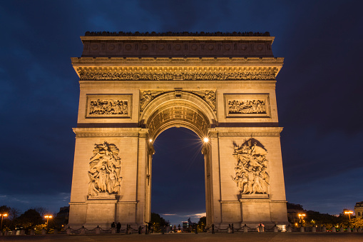 The Arch of Triumph at dusk. Paris, France