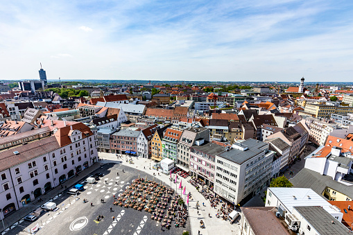Augsburg, Germany - April 29, 2015: skyline of Augsburg with famous old town hall and half timbered houses