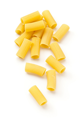 Rigatoni pasta isolated on white background. DSRL studio photo taken with Canon EOS 5D Mk II and Canon EF 100mm f/2.8L Macro IS USM