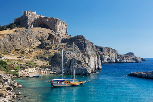 Overview of bay, with a traditional Turkish gullet, where Apostle St Paul is said to have taken refuge from storm and as result brought Christianity to island of Rhodes.