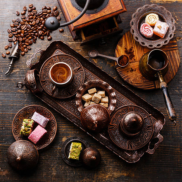 coffee-east and turkish delight - turkish delight imagens e fotografias de stock