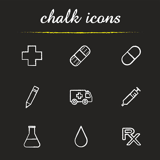 Hospital icons Hospital chalk icons set. Vector. Medical cross, adhesive bandaid, pill, pencil, emergency car, syringe, beaker with liquid, drop, rx prescription symbol sports chalk stock illustrations