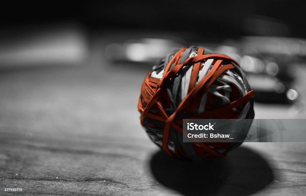 Rubber Band Ball, Black and White Rubber Band, Office, Red, ball, selective color Black And White Stock Photo