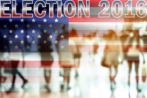 USA presidential election 2016 on USA flag background. Vote for US president 2016 background double exposure with abstract blur people walking.