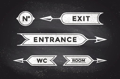 Vintage arrows and banners with inscription Entrance, Exit, Room and WC. Design elements of set arrow for navigation. Retro style arrow on black chalkboard background. Vector Illustration