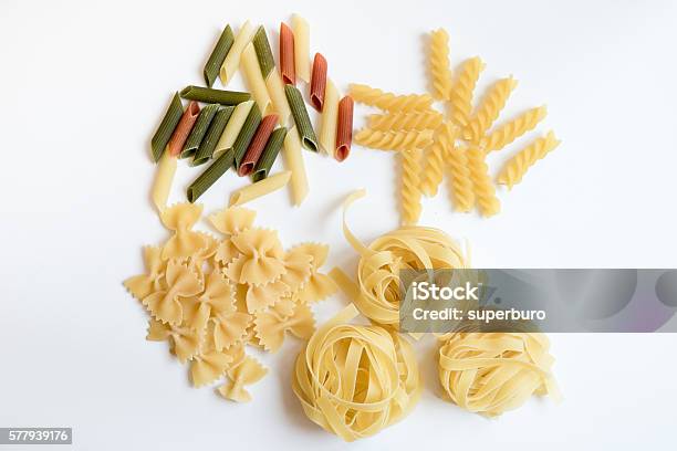 Four Types Of Pasta On White Background Stock Photo - Download Image ...