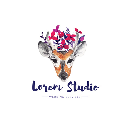 Vector watercolor cute deer with flowers logo, emblem, badge, stamp for wedding, gardening, photography services and many more.