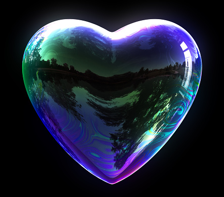 Concept Of Blue Soap Bubble Heart. 3D Illustration.