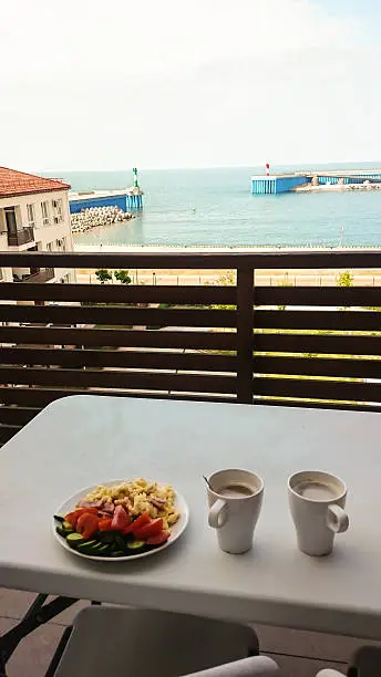 Breakfast Room Maritime Quarter Imereti resort, overlooking the Black Sea, morning, summer in June 2016