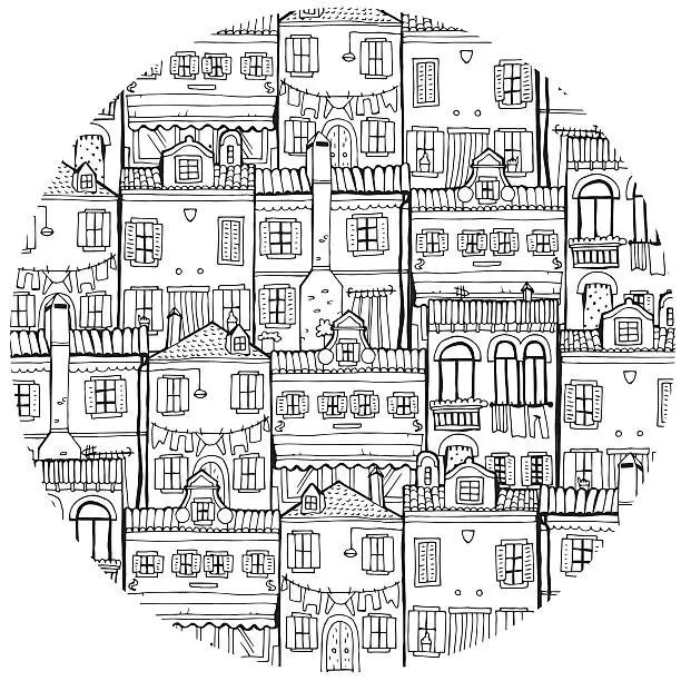 Vector illustration of House set in circle. Travel and Architecture Theme.