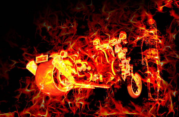 istock Fiery burning motorbike and skeleton with flames around them 577952332