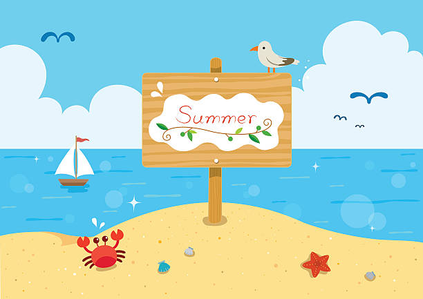 illustrazioni stock, clip art, cartoni animati e icone di tendenza di cartello estivo in legno con sfondo mare - sign beach wood beach sign