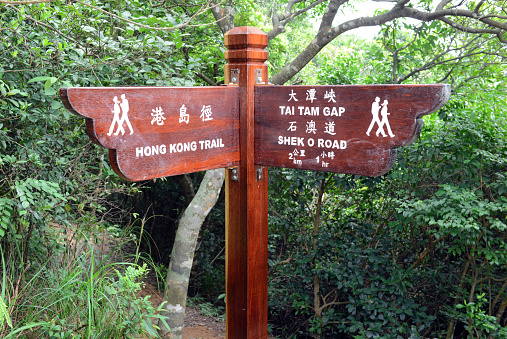 Wooden Trail direction signs on hiking trail to Dragon's Back in Hong Kong, in green tropical island background