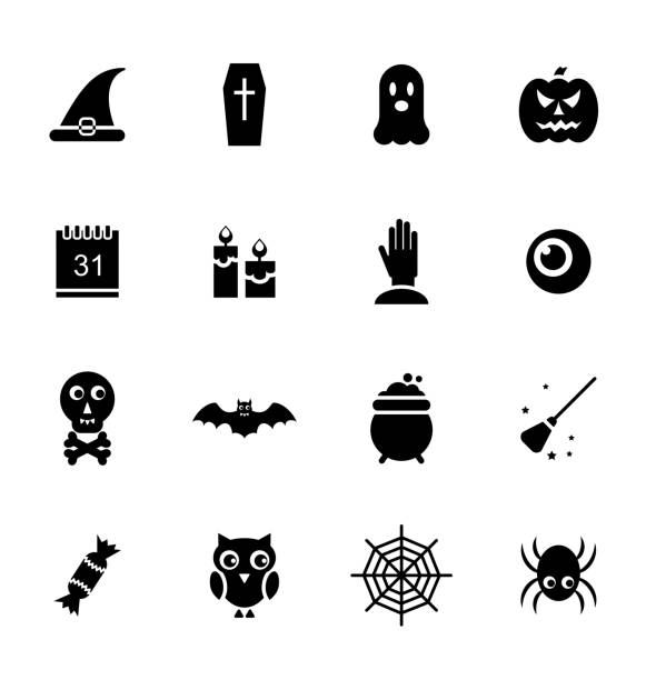 хэллоуин традиционные иконы, черные силуэты - kitchen utensil gourd pumpkin magical equipment stock illustrations