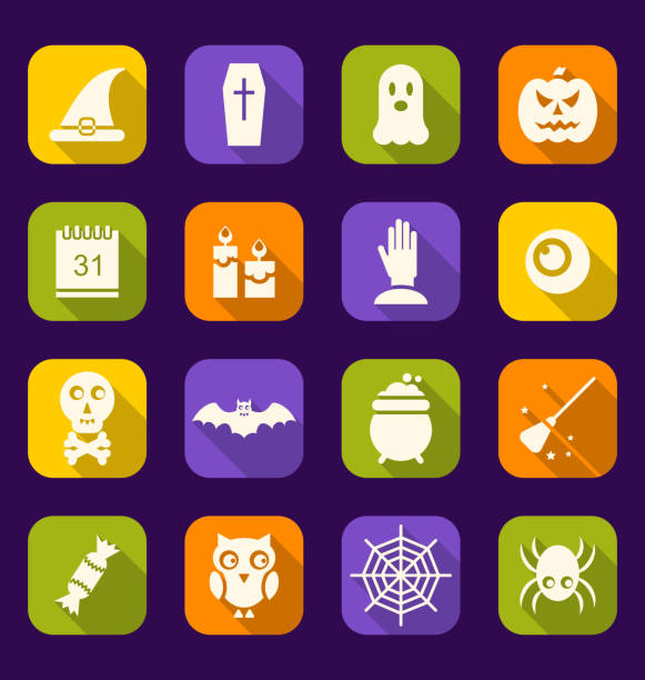 хэллоуин плоские иконы с длинными тенями - kitchen utensil gourd pumpkin magical equipment stock illustrations