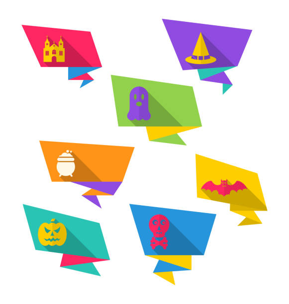 бумажные баннеры оригами с символами хэллоуина - kitchen utensil gourd pumpkin magical equipment stock illustrations