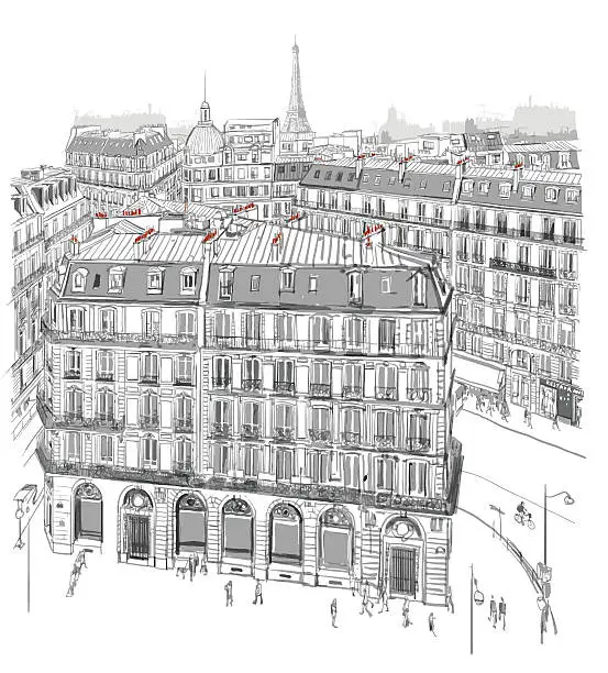 Vector illustration of Eiffel tower over roofs of Paris