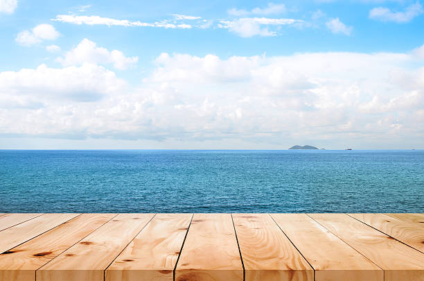 istock image of Wooden table in front of blue sea 577961448