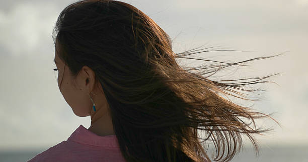 日本の若い女性は海を見て。 - behind ストックフォトと画像