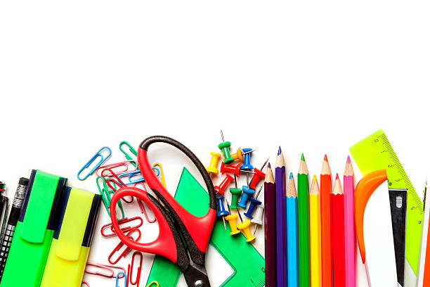 istock School and art supplies isolated on white background. Top view 577966256