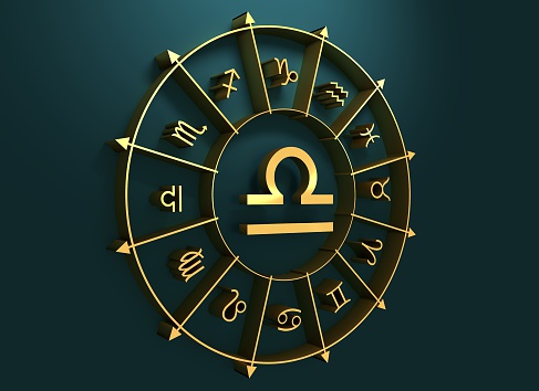 Scales astrology sign. Golden astrological symbol. 3D rendering