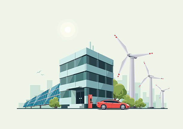 전기 자동차 태양전지 패널 풍차와 녹색 에코 오피스 빌딩 - road transportation hybrid vehicle environmental conservation stock illustrations