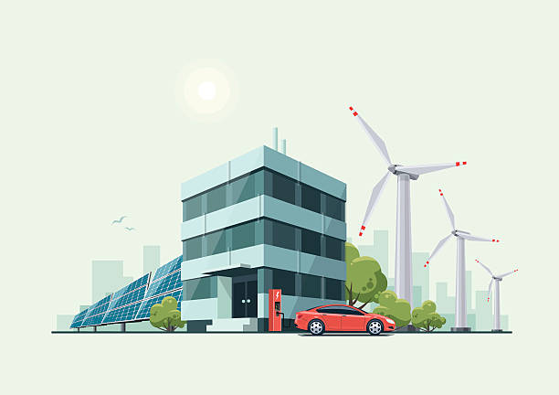 ilustrações de stock, clip art, desenhos animados e ícones de green eco office building with electric car solar panels windmills - road transportation environmental conservation hybrid vehicle