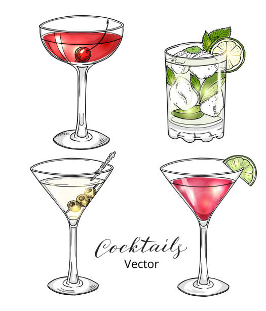 illustrazioni stock, clip art, cartoni animati e icone di tendenza di set di cocktail alcolici disegnati a mano isolati su bianco - manhattan