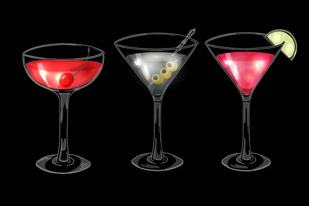 istock Set of hand drawn alcoholic cocktails on dark background 577973932