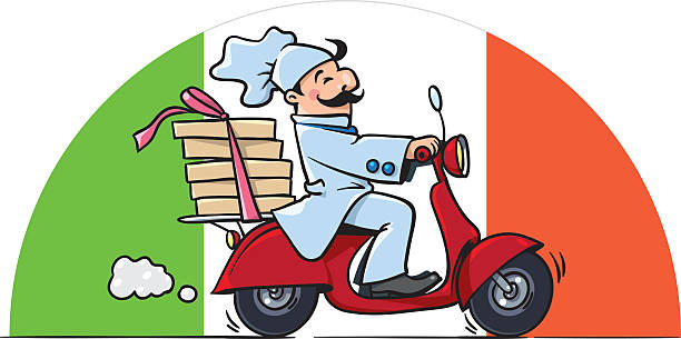 ilustrações de stock, clip art, desenhos animados e ícones de funny chef on scooter. pizza delivery - chef commercial kitchen cooking silhouette