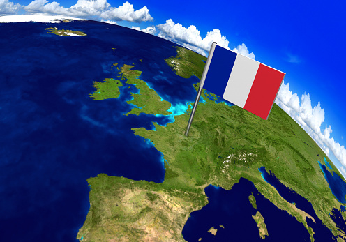 3D world render with the French flag over the location of France. Parts of this image furnished by NASA.