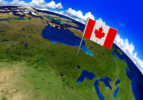 3D world render with the Canadian flag over the location of Canada. Parts of this image furnished by NASA.