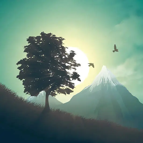 Vector illustration of Misty Morning with Trees and Birds - Mountain Landscape