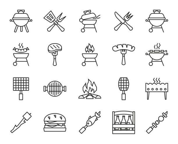 illustrazioni stock, clip art, cartoni animati e icone di tendenza di barbecue e grill - roast beef meat barbecue roasted