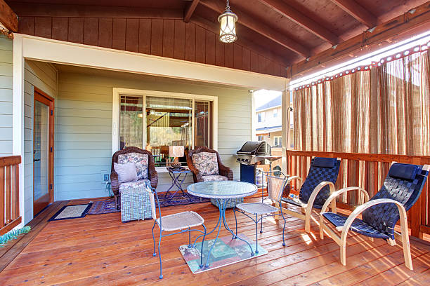istock Exterior covered patio with furniture. 577978810