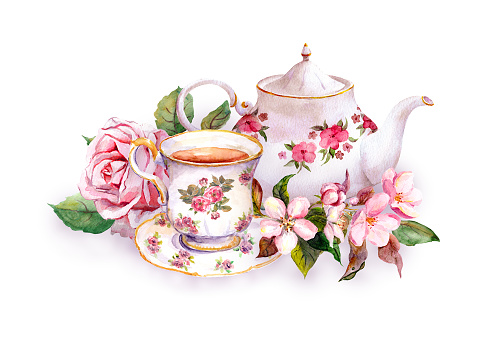 Teacup and tea pot with pink flowers - rose and cherry blossom. Watercolor