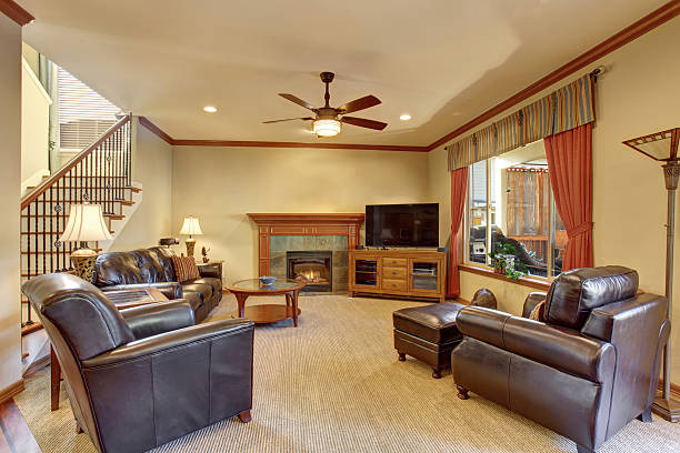 istock Luxury living room interior with fireplace and carpet floor 577979244