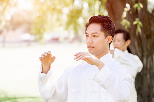 Handsome man practicing thai chi in the park in the summertime