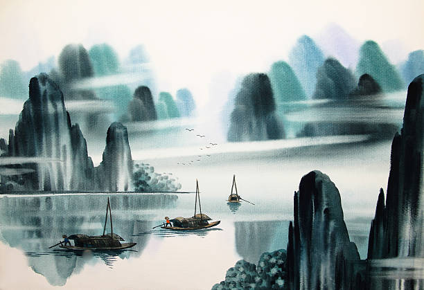 Chinese landscape watercolor painting vector art illustration