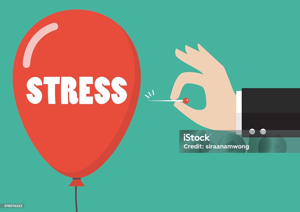 Hand pushing needle to pop the stress balloon Hand pushing needle to pop the stress balloon. Business concept Emotional Stress stock vector